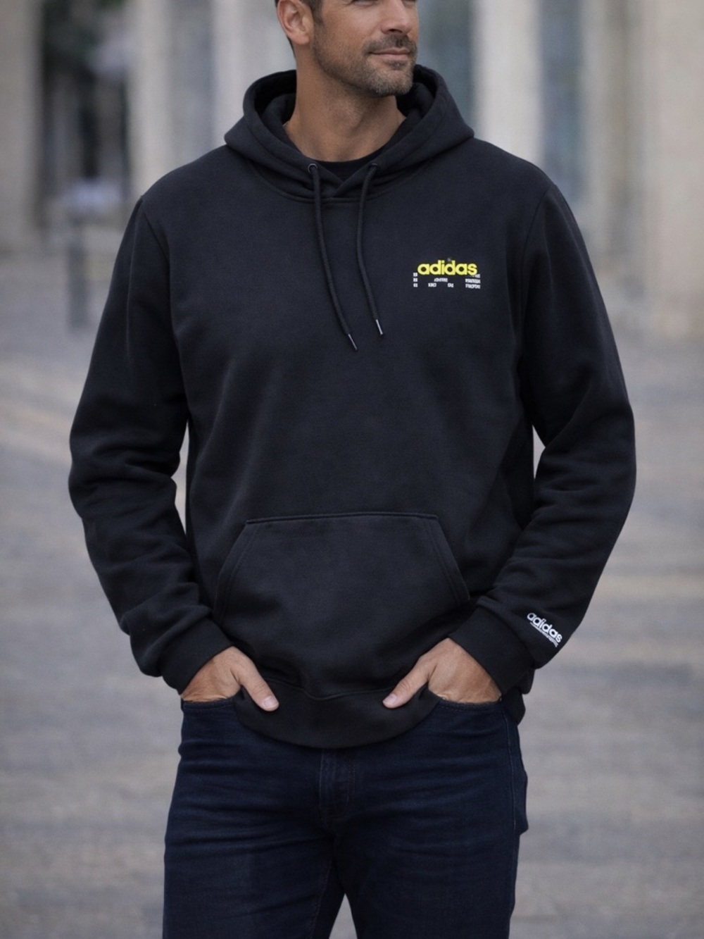 adidas Black Hoodie with Yellow Logo and Chest Print